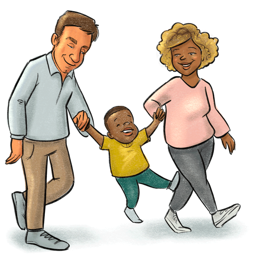 illustration of white dad and black mom swinging a black toddler between them, all smiling.