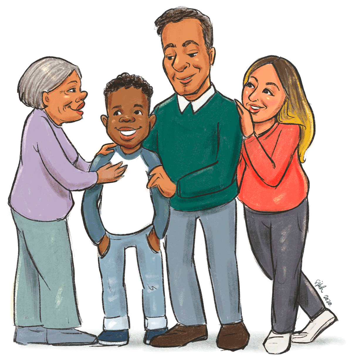 illustration of a family who looks brown or latinx gathered around a black tween boy everyone smiling and looking caring