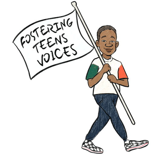 Fostering Teen Voices illustration of black boy holding a white flag with the words "Fostering teen voices."